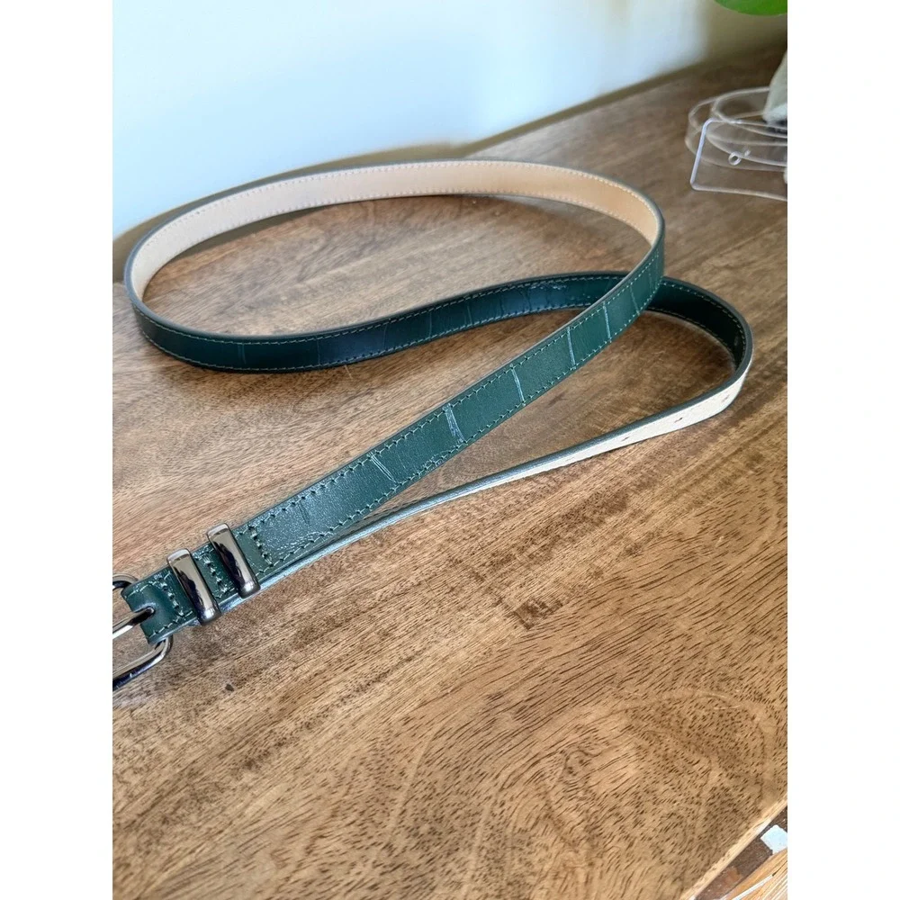 M&S Real Leather Skinny Belt Women Large Green Croc Embossed Gunmetal Forestcore